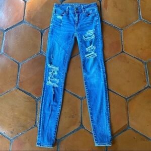 AMERICAN EAGLE HI RISE JEGGING Super Stretch X Distressed Jean 30” inseam 0 Long